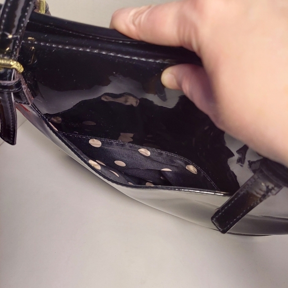 Anne Klein Shoulder Bag Black White Herringbone Textile Patent Leather Purse - Picture 5 of 13